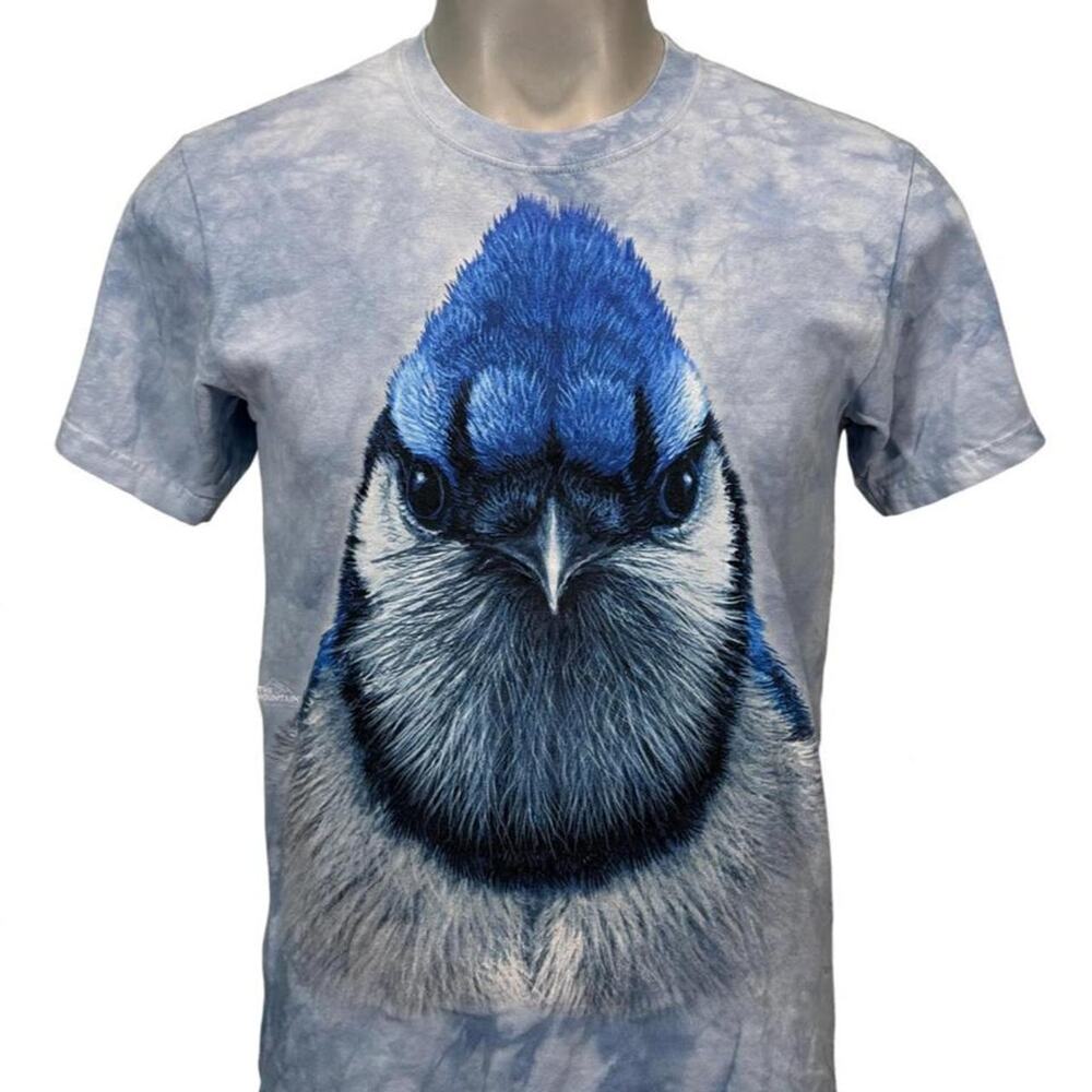 The Mountain T-Shirt Mens Small Blue Jay Bird Big Face Graphic Blue Tie Dye